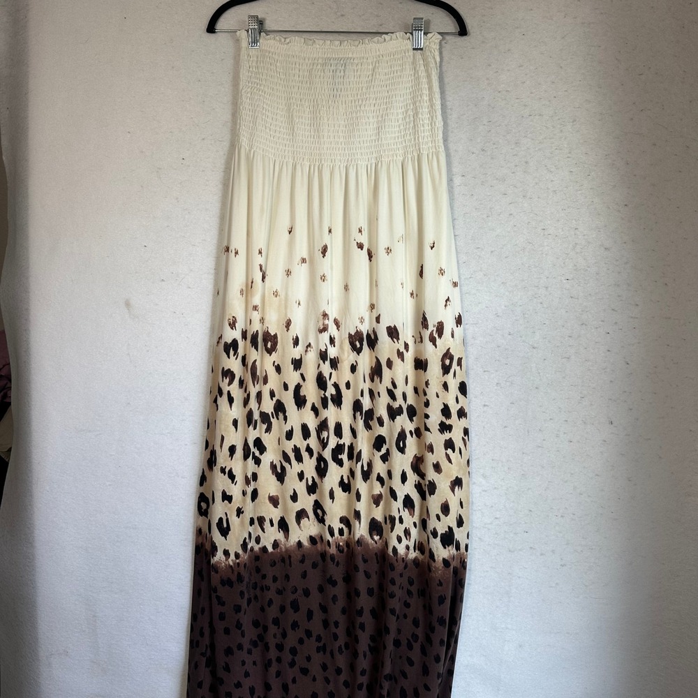 Soma Leopard Print Smocked Bodice Maxi Dress Brown Cream Strapless Medium